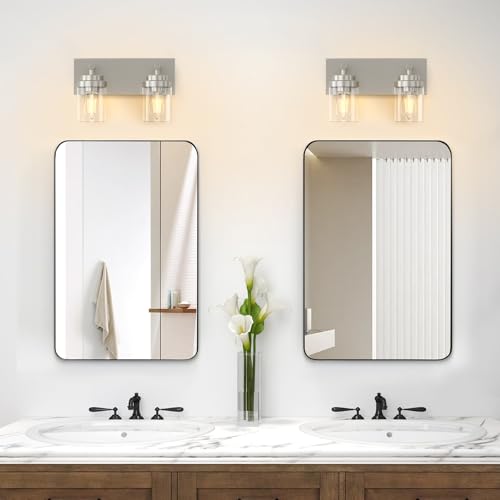 Image of IZORRO Bathroom Vanity Light Fixture, 2-Light 15 Inch Brushed Nickel Bathroom Light Fixtures Over Mirror, with Clear Glass Shade, Modern Farmhouse Vanity Lights, Rustic Restroom Lighting Fixtures