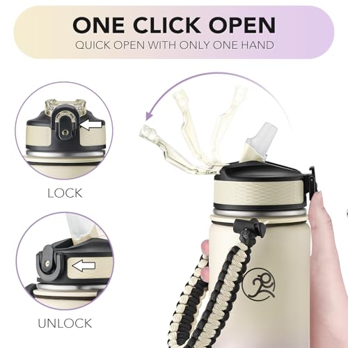 Image of GOSWAG 24oz Insulated Stainless Steel Travel Water Bottle, 2 Lids | with straw and no straw, Paracord handle, Double-wall vacuum keeps drinks cold or hot, Leakproof tumbler