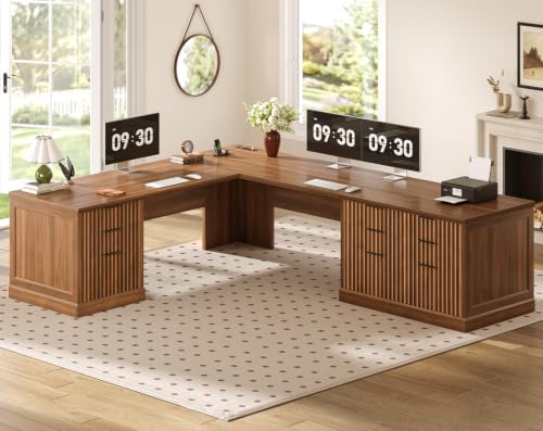 Image of SEDETA Fluted 78.8 inch L Shaped Desk with 6 Drawers, Fluted Brown