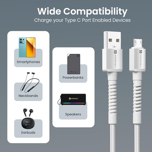 Image of Portronics Konnect X USB-A to Micro USB Fast Charging Cable With Max 3A Output,Fast Charging & Data Transfer, Nylon Braided, Aluminium Alloy Shell, 1M Length compatible with Micro usb Devices(White)