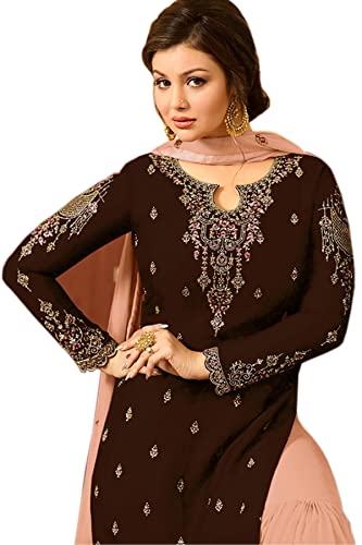 Image of SHAFNUFAB Women's Georgette Semi Stitched Anarkali Salwar Suit (wedding dress and salwar suit SF201176 Brown Free Size)