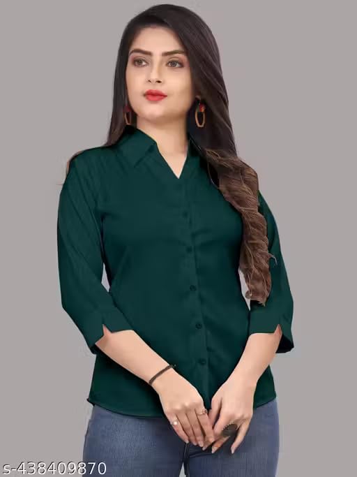 Image of Women's Cotton Blend Solid Formal Shirt with 3 /4 Sleeves-Navy Blue P4
