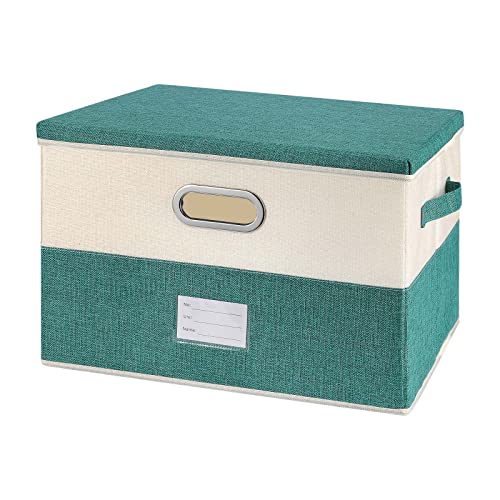 Image of Large Linen Fabric Foldable Storage Bins with Removable Lid and Handles, Washable Storage Box Organizer Containers Baskets Cube with Cover for Bedroom,Closet,Office (Turquoise&Cream, Large)