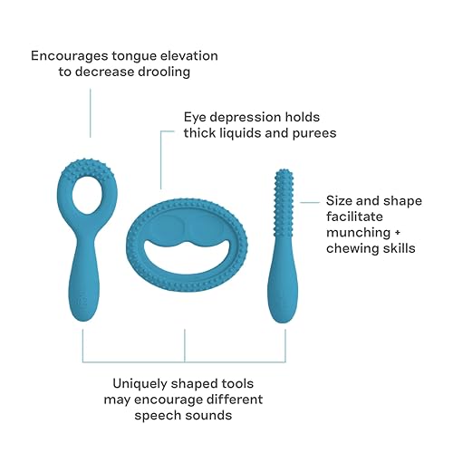 Image of ezpz Oral Development Tools (3 Pack in Blue) - 3 Months+ - Non-Slip Loop, Smile and Stick 100% Silicone Tools - Prepare for Chewing + Solids - Baby-Led Weaning Supplies