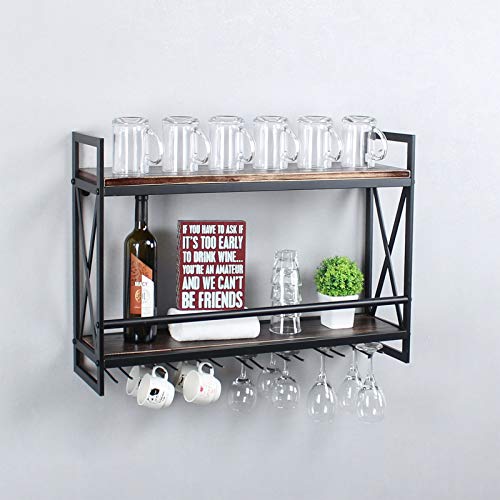 Mbqq Rustic Wall Mounted Wine Racks With 7 Stem Glass Holder,30In Industrial Metal Hanging Wine Rack,2-Tiers Wood Shelf Floating Shelves,Home Room Living Room Kitchen Decor Display Rack,Retro Black #TOP6
