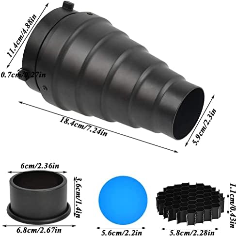 ZDFR-073 Aluminium Alloy Conical Snoot Kit Snoot Honeycomb,Color Grid and 5 Gel Colour Filters,for Bowens Photography Flash
