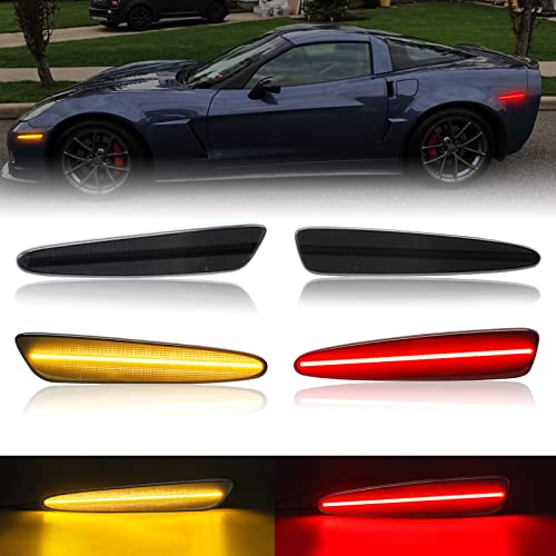 R&F Auto 4PCS Smoked Lens LED Side Marker Lights Compatible with Corvette C6 (2005-2013)/Z06/ZR1/Grand Sport/Z06 Carbon Amber Red LED Sidemarker Lamps Front & Rear Turn Signal Lights