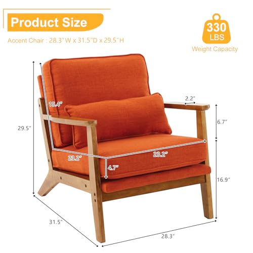 Image of Karl home Mid-Century Lounge Accent Chair, Burnt Orange | Wide Curved Armrest, Linen Fabric, Lumbar Pillow Included, Solid Wood Frame, For Living Room, Bedroom, Balcony, Apartment