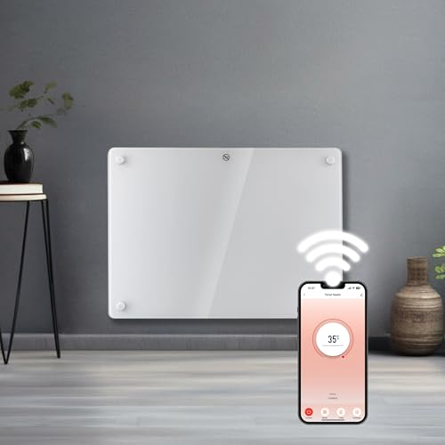 Futura 1000W White Glass WiFi Smart App Control Electric Radiator Heaters for Home, Bathroom Safe Electric Heater Setback Timer Lot 20 & Advanced Thermostat Control Wall Mounted or Floor Standing