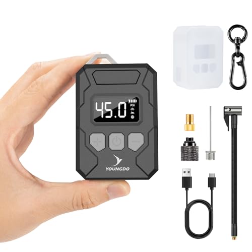 150PSI mini Bomba Bicicleta, YOUNGDO inflador electrico con Manómetro Digital, Función Auto Stop Tipo-C Bomba de Aire Eléctrica para Bicicleta con Válvula Presta y Schrader para Bicicleta, Moto, Balón
