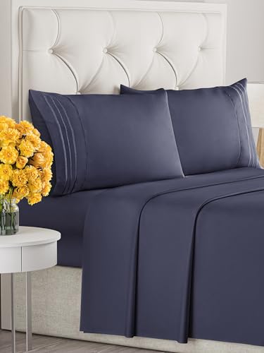 Image of Queen Size 4 Piece Sheet Set - Soft & Cooling Bed Sheets - Deep Slate Blue | Fits 8 Inch to 16 inch Mattress, Wrinkle Free & Fade Resistant with Deep Pockets, Breathable, Comfy Hotel Luxury Bedding