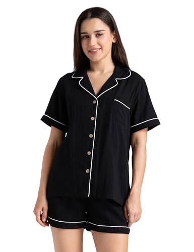Image of Womens Muslin Pajama Set 100% Cotton Double Gauze Linen Like | Breathable Soft Comfort Button Up Loungewear Sleepwear PJ Set