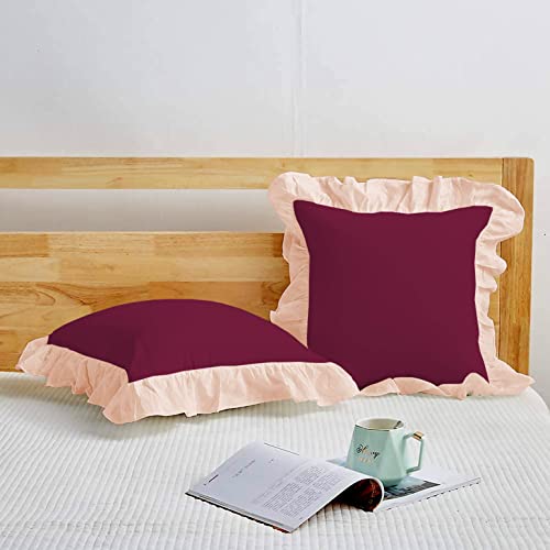 Image of YRM Bedding's Ruffle Beautiful Cushion Cover | Super Soft Elegant Premium Microfiber Frill Cushion Cover Set of 2 (20 inchx20 inch Inches) (Wine /Peach)