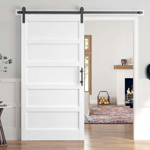 ROYMELO 42x84 Inch White Sliding Barn Door Slab with 7ft Hardware Kit Included, 5-Panel, MDF Wood Panel Covered with Water-Proof Scratch-Proof PVC Surface, Simple DIY Assembly