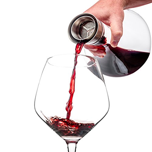 Luxbe - Wine Decanter 1600ml with Aerator Pourer Lid - 2 in 1-100% Hand Blown Lead-Free Crystal Glass, Red Wine Carafe - Descanter with Stainless Steel Lid-Aerator Filter Pourer