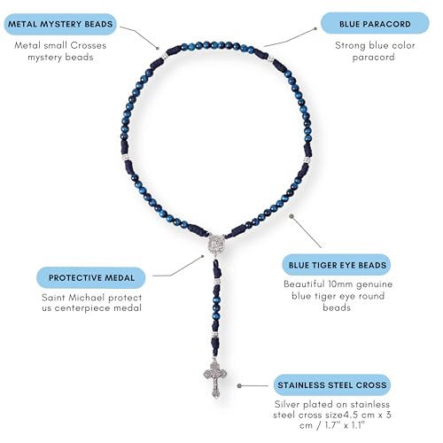 Nazareth Store St Michael Paracord Rosary, Rugged Rosary Necklace and One Decade Heavy Duty Rosary Set, Natural Stone Beads with Catholic Pardon Crucifix4