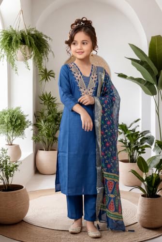Image of Girls Cotton Blend Embroidered Kurta Pant with Printed Banarasi Style Dupatta Set | Festive Ethnic Wear for Kids | Traditional Suit Set for Girls (4-14Years)