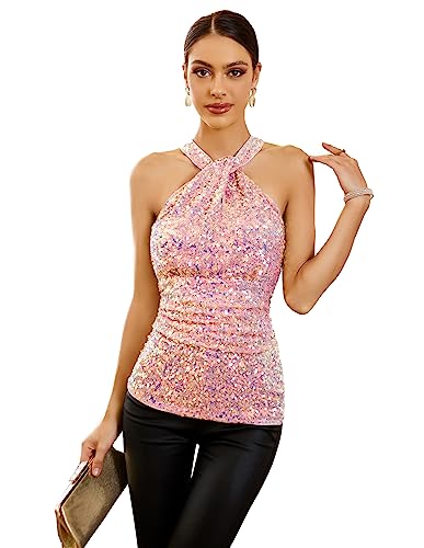 GRACE KARIN Damen Neckholder Top Glitzer Oberteile Rüsched Schulterfreies...