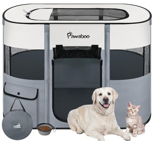 Pawaboo Gabbie per Animali Pieghevole, Recinto per Animali Domestici in Telo Oxford Impermeabile con Rete, Tenda da Gioco per Gatti Cani Cuccioli Portatile per Interno o Esterno, L, Grigio