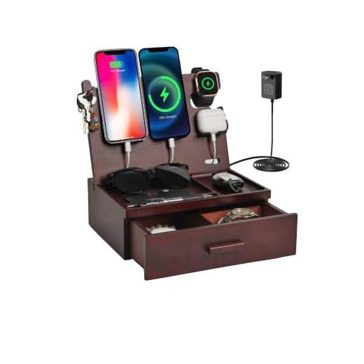 Nightstand Organizer with Drawer Built in 4 USB Quick Charger, Wood Phone Docking Station with Dual Phone Charging Station for Apple Android Phones Anniversary Birthday Gifts for Men Dad Hunsband Mom