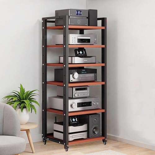 XEOKXOIT 6 Tier AV Media Stand, 55in Audio Rack Tower Stereo Components Cabinet, Home Theatre CD Record Player Stereo Receiver Equipment Rack with Adjustable Wood Shelves, Load 400lbs (Teak Brown)