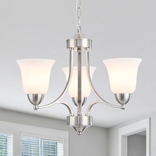 Image of 3-Lights Farmhouse Chandelier Brushed Nickel Modern Dining Room Light Fixture Silver Adjustable Ceiling Hanging Pendent Lighting with Frosted Glass for Kitchen Island, Living Room,Foyer