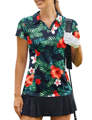 Image of PINSPARK Womens Golf Shirt Short Sleeve Polo V-Neck Quick Dry Tennis Tops | Moisture-wicking Breathable Fabric, Classic Collar, Slim Fit, Ideal for Golf Tennis Pickleball Casual