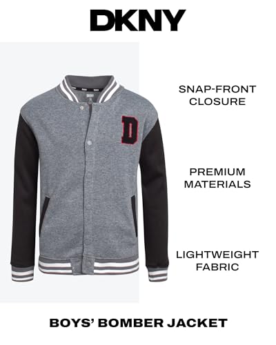 DKNY Boys Bomber Jacket - Stylish Letterman Fleece Baseball Varsity Jacket with Snap Front and Bold Sleeves (Sizes: 8-20)2