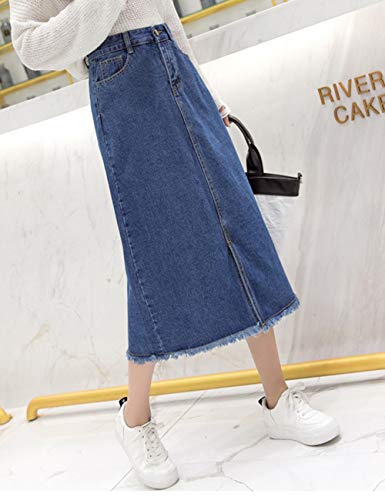 chouyatou Women's Mid-Calf Frayed Raw Hem Front Slit A-Line Midi Denim Jean Skirt3