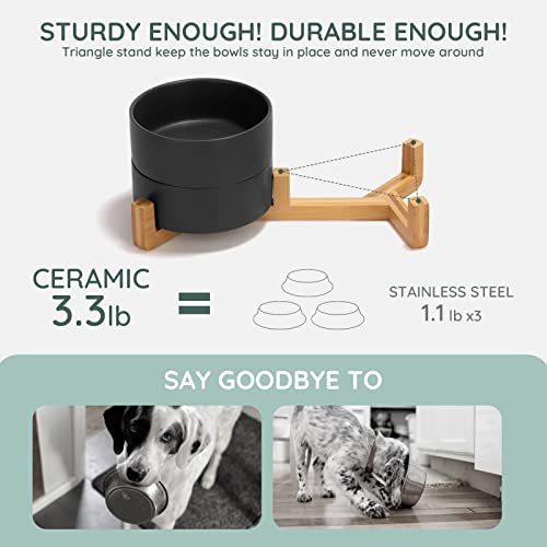 Spunkyjunky Ceramic Dog And Cat Bowl Set With Wooden Stand, Modern Cute Weighted Food Water Set For Small Size Dogs (13.5Oz) & Medium Sized Dogs (28.7Oz) & Cats (1.7 Cups, 2 × Black) #TOP3