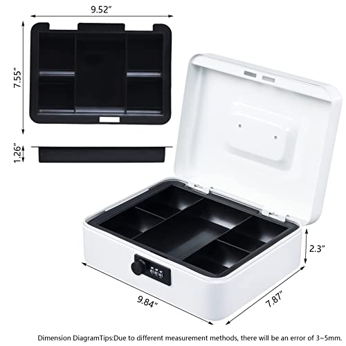 Image of KYODOLED Large Cash Box with Combination Lock,Safe Metal Box for Money, Storage Lock Box with Money Tray,9.84 inchx 7.87 inchx 3.54 inch White Large