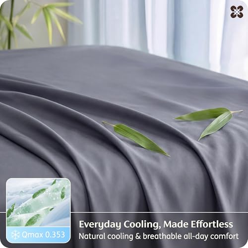 Image of Bedsure Queen Sheet Set, Cooling Sheets for Queen Size Bed Set, Rayon Derived from Bamboo, PureWoven, Breathable & Soft, Deep Pocket Up to 16 inch, Hotel Luxury Silky Bedding for Hot Sleepers, Dark Grey