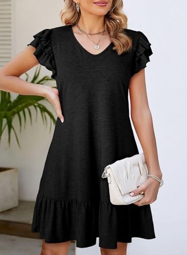 Image of Dokotoo Womens Summer Dresses 2025 Ruffle Short Sleeve Smocked V Neck Casual Loose A-Line Swing Mini Dress Sundress