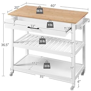 Topeakmart Kitchen Island Cart on Wheels Rolling Microwave Cart with Storage Drawer Towel Rack 2 Shelves Natural Wood Countertop White