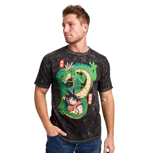 Bioworld Dragon Ball Goku & Shenron Men's Black Mineral Wash Crew Neck Short Sleeve T-Shirt