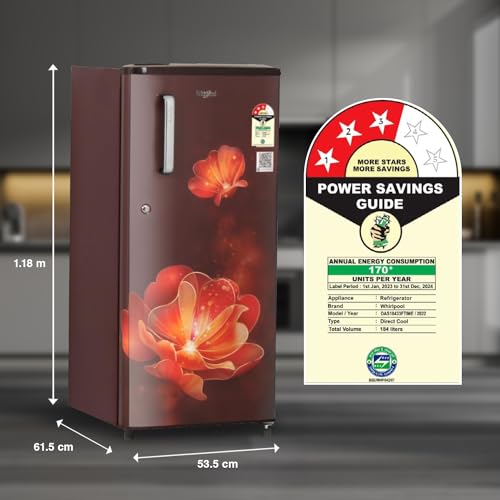 Image of Whirlpool 184 L 3 Star Direct-Cool Single Door Refrigerator (205 WDE PRM 3S WINE RADIANCE-Z, Wine Radiance,Red, 2023 Model)