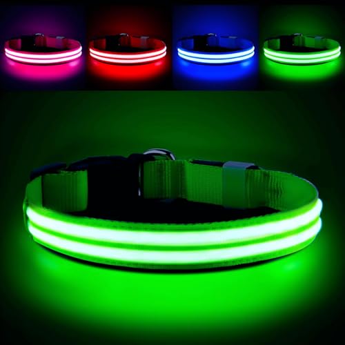 Image of PcEoTllar Light Up Dog Collar - Rechargeable, Waterproof, Adjustable LED Collar for Night - Flashing, Glowing for Small Medium Large Dogs - Green-M
