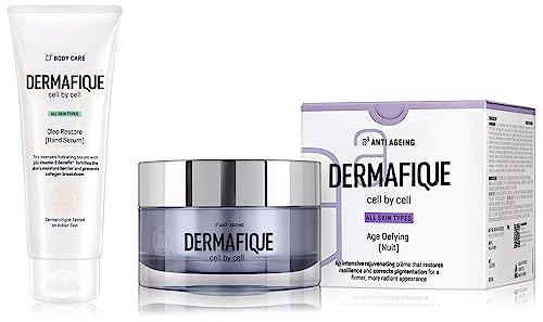 Image of Dermafique Age Defying Nuit Night Cream for All Skin Types, Dermatologist Tested, Anti-ageing Creme (50 g) and Dermafique Oleo Restore Hand Serum | 50g | hydrating hand serum, Vitamin E, for all skin