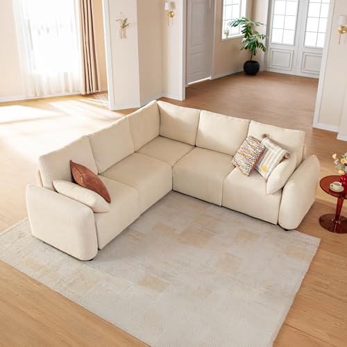 JINOVIA Modulares Ecksofa 245cm, modernes Cord-Schlafsofa in L-Form, 5 Sitzer individuell konfigurierbare Wohnlandschaft, hochdichter Memory-Schaum, abnehmbare & waschbare Kissenbezüge, Beige