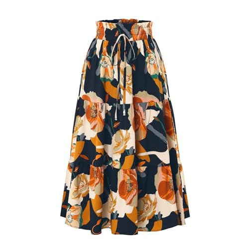 Long Skirts for Women Summer Floral Flowy Maxi Skirt Pleated High Waisted A Line Skirts Trendy Smocked Waist Skirt
