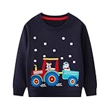 FILOWA Sudadera Niños Algodon Cuello Redondo Pullover Excavadora Estampado Jersey Papá Noel Alce Bordado Sweatshirt Cálido Manga Larga Jumper Invierno Navidad Top para Infantil 5-6 Años, Azul Marino