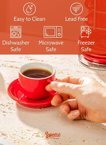 Image of Sweese 2.5 Ounce Porcelain Stackable Espresso Cups with Saucers and Metal Stand Set of 4, Red