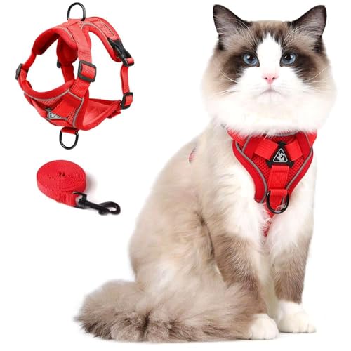 Cat Harness and Leash Set, Upgraded Escape Proof Vest with Lead for Large Cat Small Dog Puppy Walking, Soft Jacket with Reflective Strips L Size Red