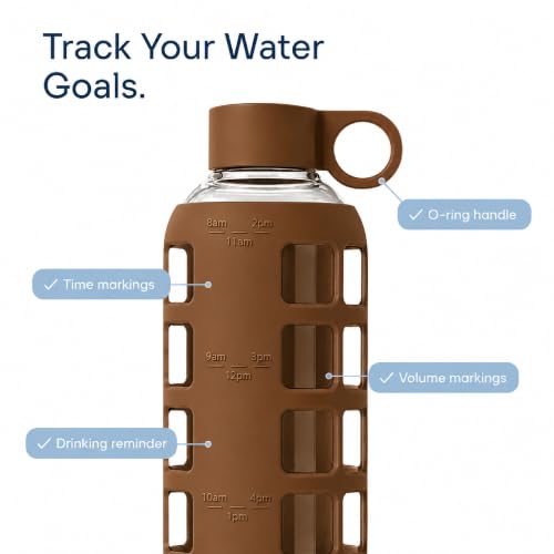 Image of purifyou 40oz / 32oz / 22oz / 12oz Borosilicate Glass Water Bottle with Time & Volume Markers, Silicone Sleeve, Stainless Steel Lid | Reusable Glass Bottle for Water & Juice (22oz Earth Brown)