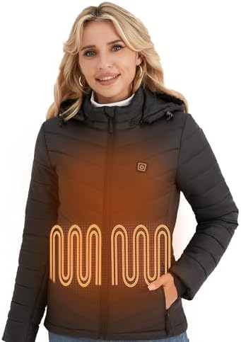 Vestego Heated Jackets for Women, Lightweight Electric Heated Jacket with 12V 20000mAh Battery Pack, 6 Heating Zones, Black L
