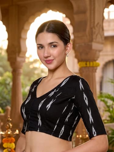 Image of Studio Shringaar Women Cotton Ikat Stretchable (Smocked) Readymade Elbow Length Sleeve Saree Blouse