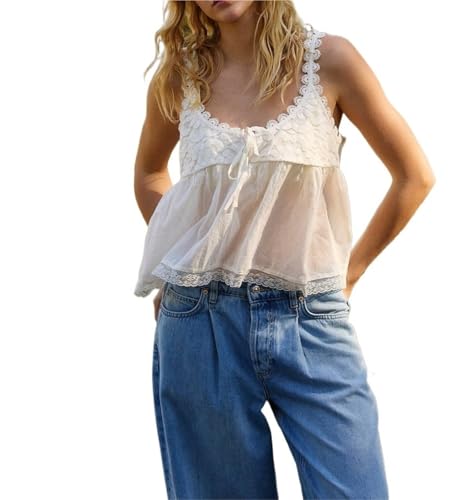 Women's Lace Trim Tank Tops Y2k Tie Front Semi Sheer Crop Vest Cute Sleeveless Scoop Neck Flowy Cami Shirt