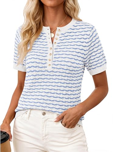 PRETTYGARDEN Womens Knit Summer Tops Button Short Sleeve Sweater Casual