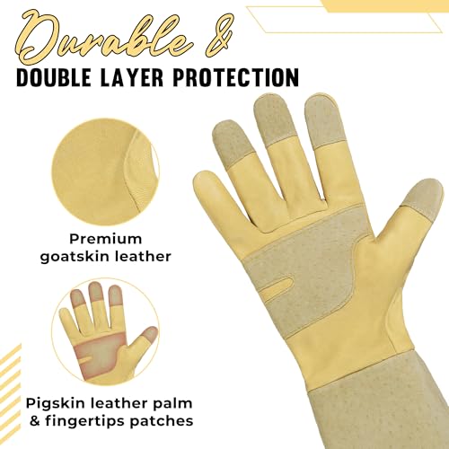 Image of HANDLANDY Rose Pruning Gardening Gloves for Men Women, Thorn Proof Forearm Protection Leather Garden Gloves, Gardening Gifts for Gardeners (Vanilla, Large)