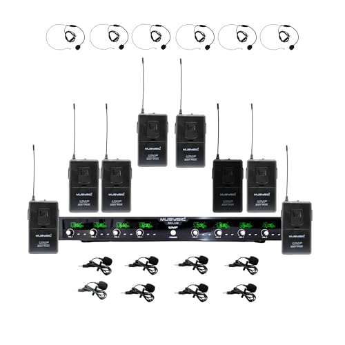 MUSYSIC Professional 8-Channel UHF Wireless Lavalier Microphone System - 8 Bodypack Transmitters & 8 Lav Mics, 500-580MHz, 300ft Range, Ideal for Church, School, Conference, Large Events